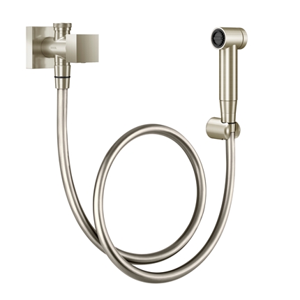 Hand shower with brushed nickel Minima faucet and faucet